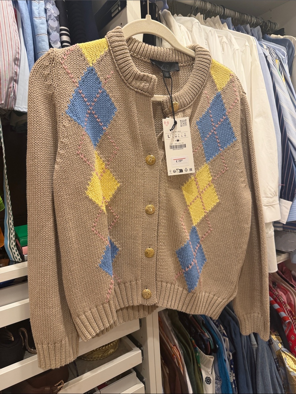 Zara Beige Cardigan with Blue and Yellow Argyle